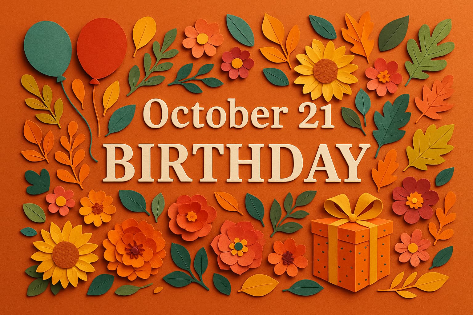 10月21日生まれの芸能人や有名人を祝う華やかな秋の誕生日イメージ。渡辺謙、道端ジェシカ、蛭子能収など多彩な人物が登場する特集記事を象徴するデザイン。