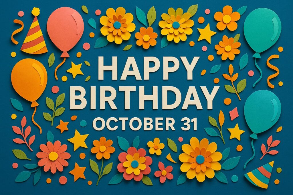 10月31日生まれの芸能人や有名人（朝倉海、須田亜香里、山本耕史、中村勘九郎など）を紹介する華やかで楽しい誕生日イメージ
