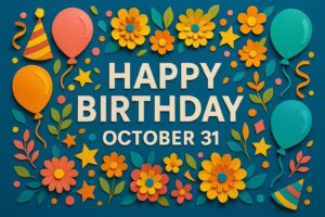 10月31日生まれの芸能人や有名人（朝倉海、須田亜香里、山本耕史、中村勘九郎など）を紹介する華やかで楽しい誕生日イメージ