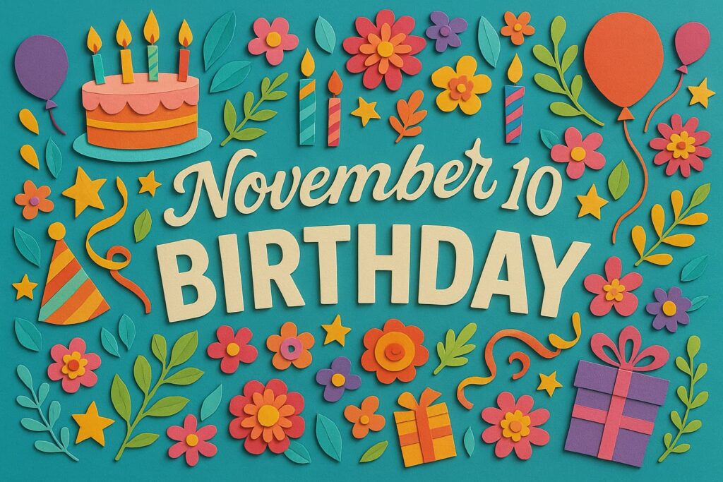 11月10日生まれの芸能人・有名人一覧。糸井重里、伊藤一朗、竹中雄大、小林直己らが登場する華やかで楽しい誕生日イメージ。