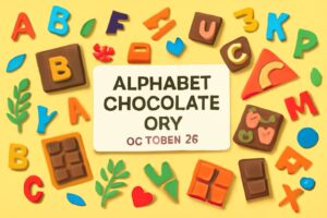 アルファベットチョコレートの日の由来や魅力を伝えるカラフルなデザイン。チョコレートとアルファベットがテーマの記念日。