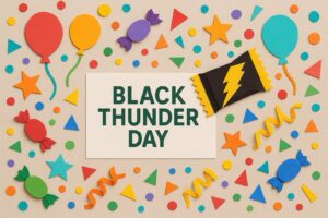 ブラックサンダーの日に関する記念日とチョコレート菓子の魅力を伝えるカラフルなペーパーアート