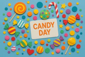 飴の日に関する記念日を象徴するカラフルな飴とメッセージカードが並ぶアート作品