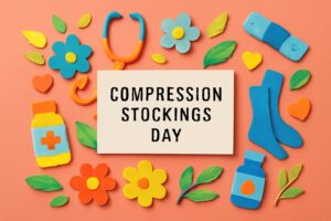 弾性ストッキングの日に関する情報と健康への重要な効果を伝えるデザイン