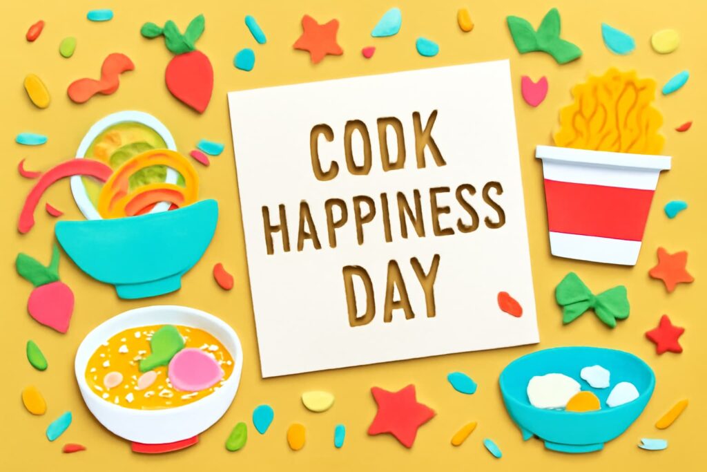 Cook happinessの日を祝うカラフルなデザイン、食を通じたしあわせとエースコックの理念を表現。