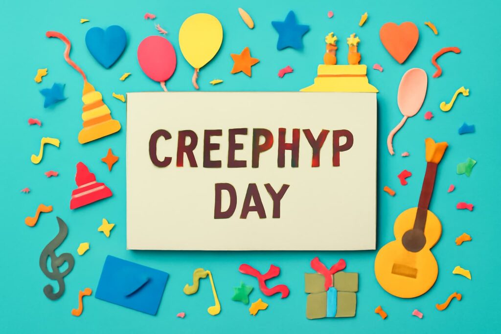 クリープハイプの日を祝うためのカラフルなメッセージカードと音楽シンボル