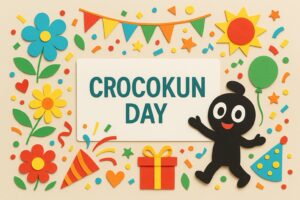 クロコくんの日にちなんだ日本ガイシのキャラクターと記念日の魅力を表現したカラフルなイラスト