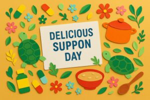 美味しいすっぽんの日を祝うカラフルなペーパーアートとすっぽん料理のイラスト