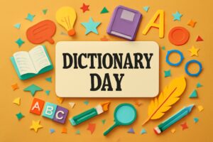 辞書の日（10月16日）を祝う、ノア・ウェブスターの影響とアメリカ英語の進化を表現したカラフルなデザイン