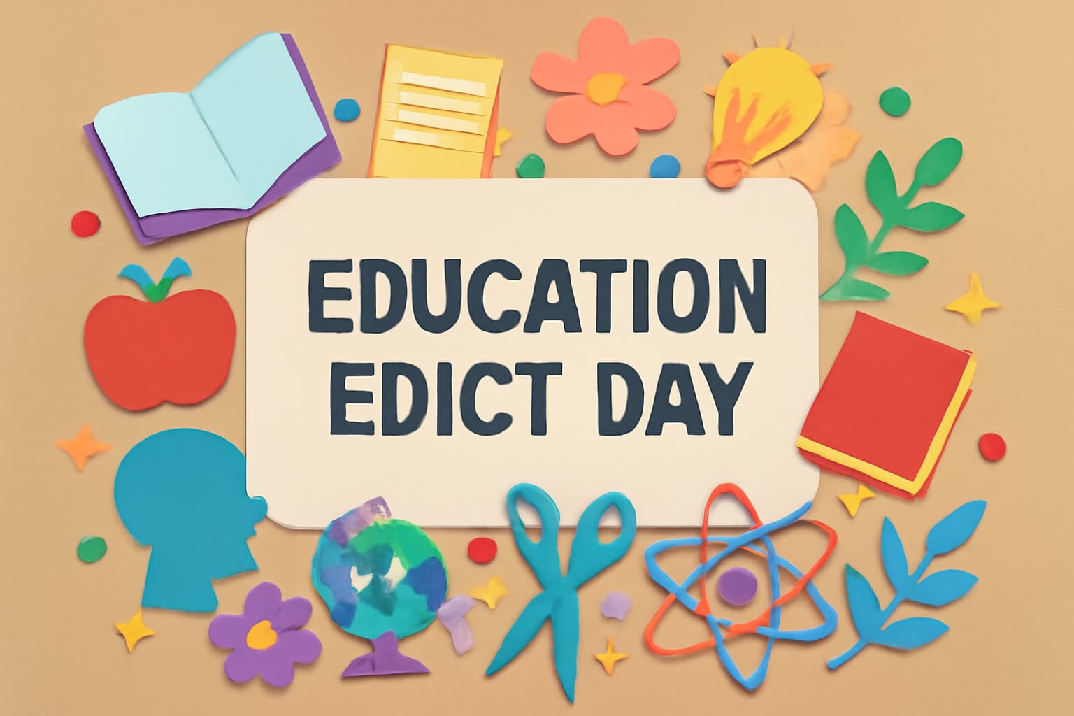 教育勅語発布の日の由来や影響を解説したブログ記事のサムネイル画像。教育勅語に関連するカラフルなアイテムを使って、教育と道徳の大切さを象徴的に表現。