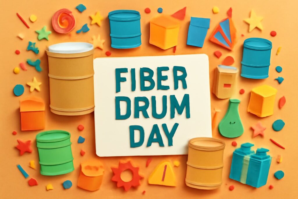 ファイバードラムの日を祝うため、紙製ドラム缶とカラフルな装飾が並ぶデザインで、産業用包装資材の重要性を伝えるビジュアル