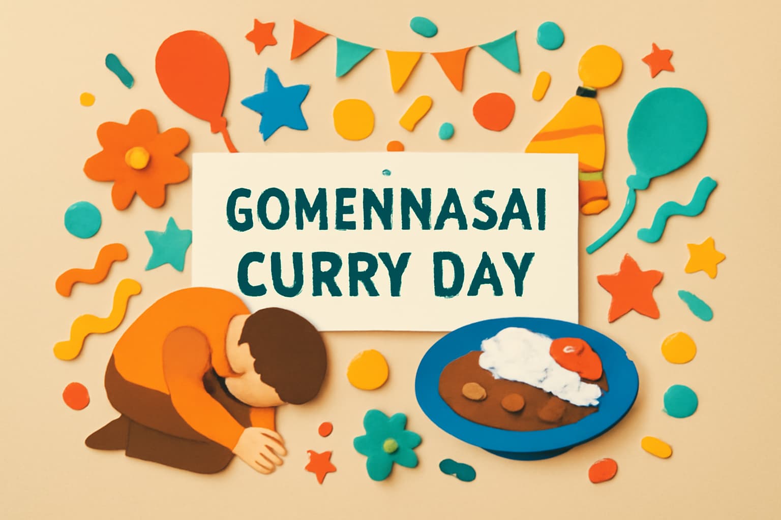 「ごめんなさいカレーの日」の記念日を祝うカラフルでユニークなデザイン。謝罪文化とカレーを通じて、日本の文化を楽しむ。