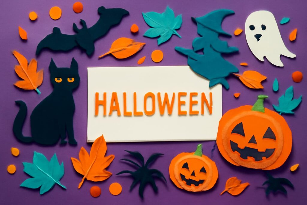 ハロウィン（10月31日）の由来と楽しみ方を表現したカラフルなペーパーアート。仮装やジャック・オー・ランタンが象徴的。