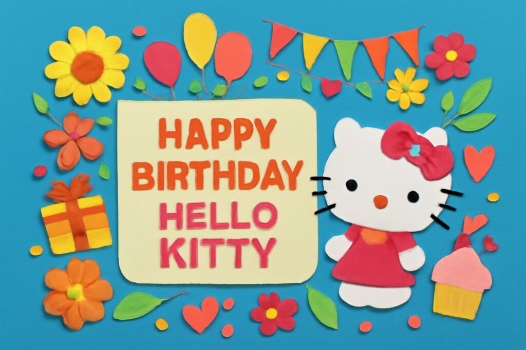 ハローキティの誕生日を祝うカラフルで楽しいデザイン。キティちゃんのイメージとともに、誕生日メッセージが描かれています。