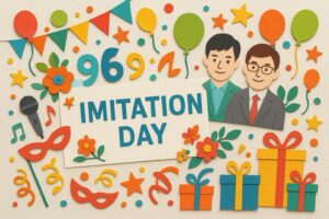 モノマネを楽しむ日の記念日と芸人たちの笑顔が広がるカラフルな紙アート