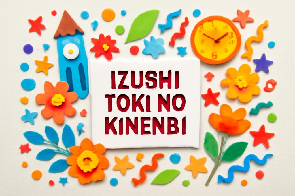 いずし時の記念日を祝うカラフルで華やかなデザイン、辰鼓楼と町のシンボルを象徴する
