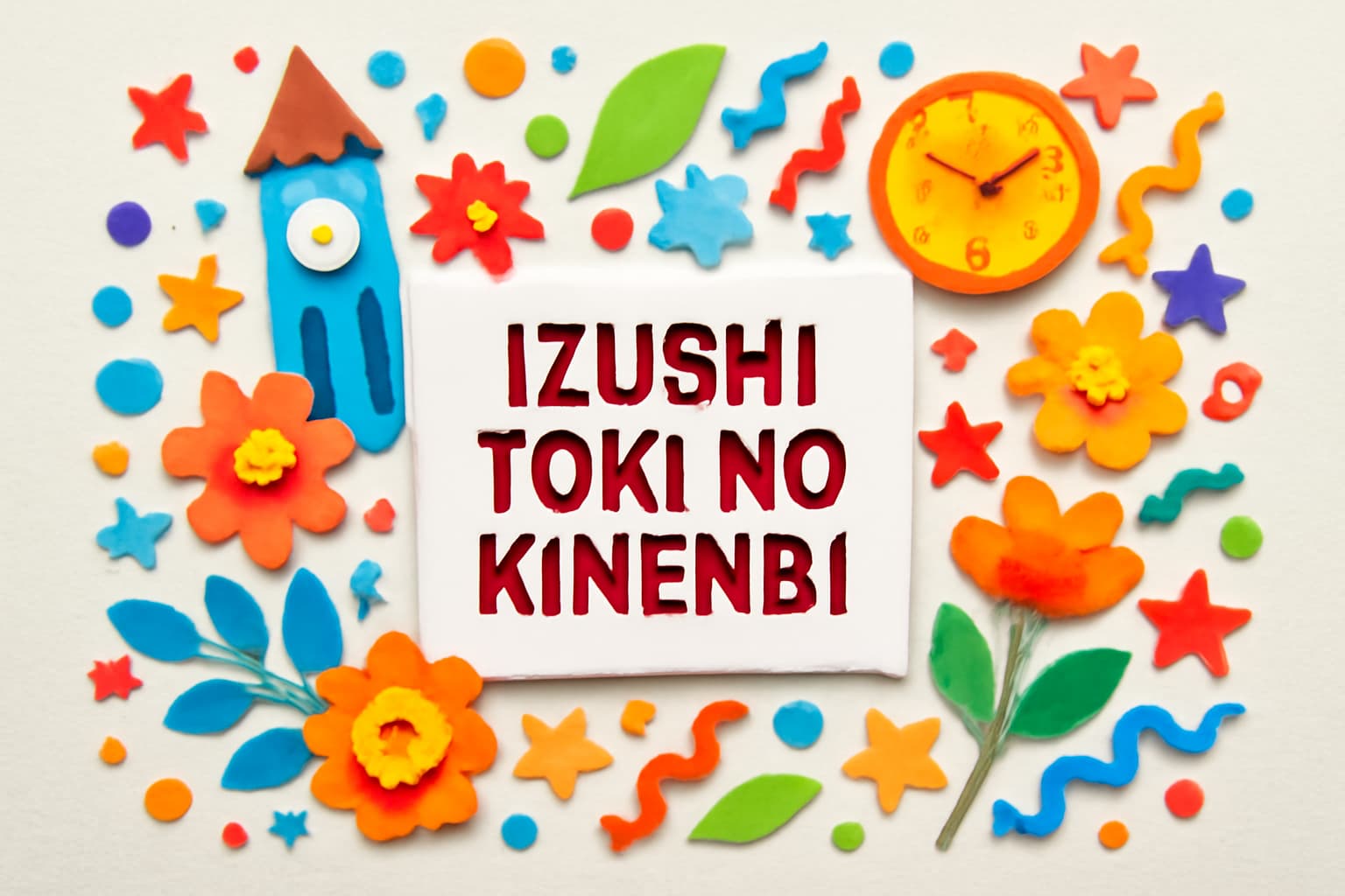 いずし時の記念日を祝うカラフルで華やかなデザイン、辰鼓楼と町のシンボルを象徴する