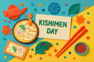 「きしめんの日」の由来や特徴を紹介するブログ記事に関連するカラフルで楽しいイラスト。きしめんとその文化を楽しむ日としての魅力を表現。