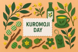 クロモジの日に関連するカラフルなペーパーアートとクロモジ製品のイメージ