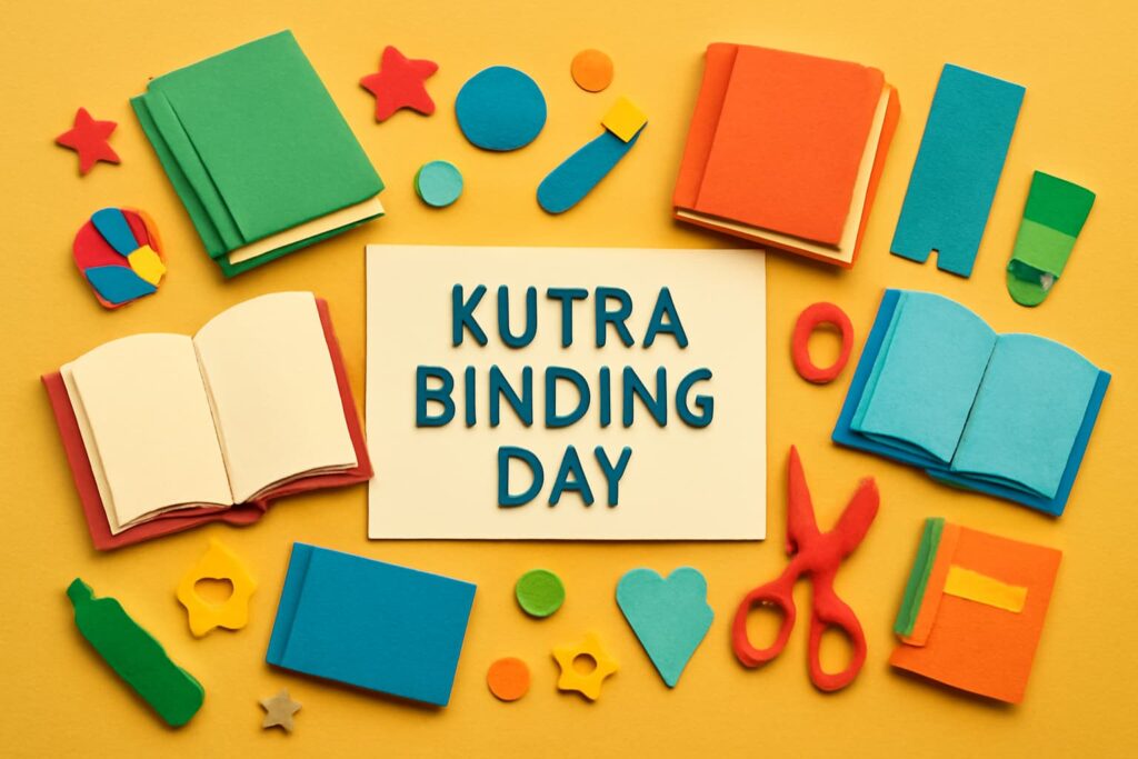 「クータ・バインディングの日」を祝うカラフルな製本技術と読書文化の象徴を表現した画像