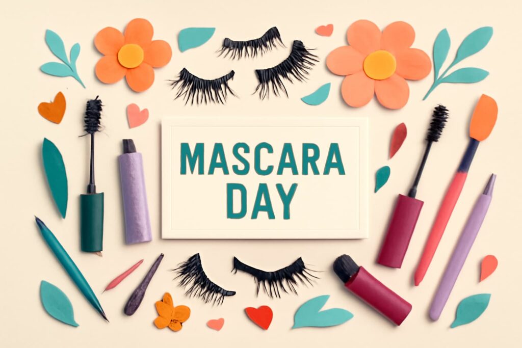 9月8日のマスカラの日を祝うメイクアップアイテムやカラフルな花々を配したデザイン。目元を美しくするためのアイテムが整然と並ぶ。