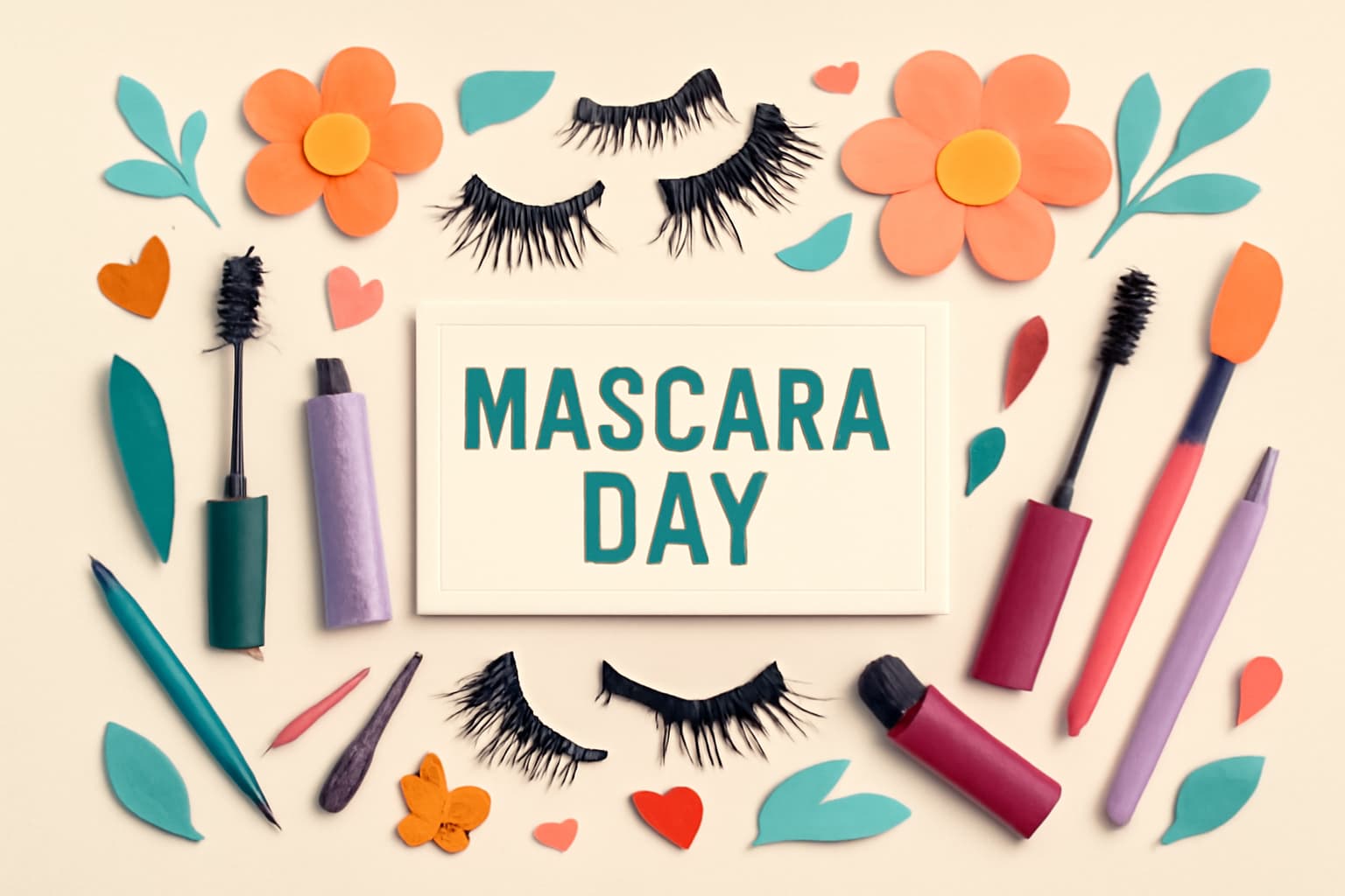 9月8日のマスカラの日を祝うメイクアップアイテムやカラフルな花々を配したデザイン。目元を美しくするためのアイテムが整然と並ぶ。