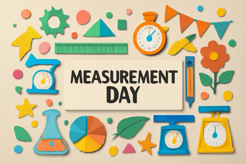 計量記念日を祝うためのカラフルな紙細工アート。計量に関するアイコンや図形が配置され、"MEASUREMENT DAY" のテキストが中央にあります。