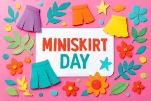ミニスカートの日（10月18日）の記念として、カラフルなミニスカートと花々が並ぶデザインで、自由と解放の象徴としてのミニスカートを祝う