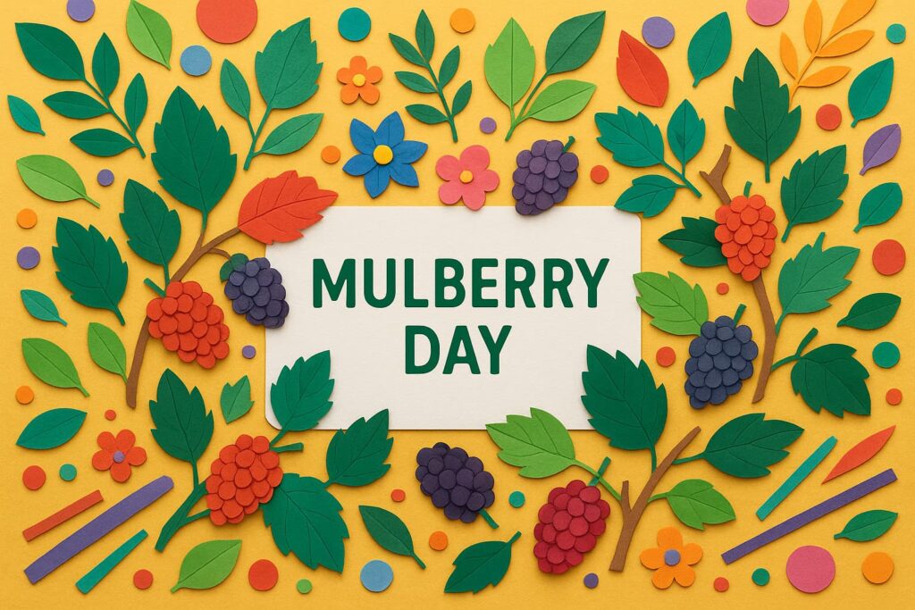 「桑の日（9月8日）」の由来と健康効果を伝える、桑の葉や実、カラフルな要素が豊かに表現されたデザイン。桑に関する知識を深める記念日として、健康志向や茶文化に関連するテーマを象徴。