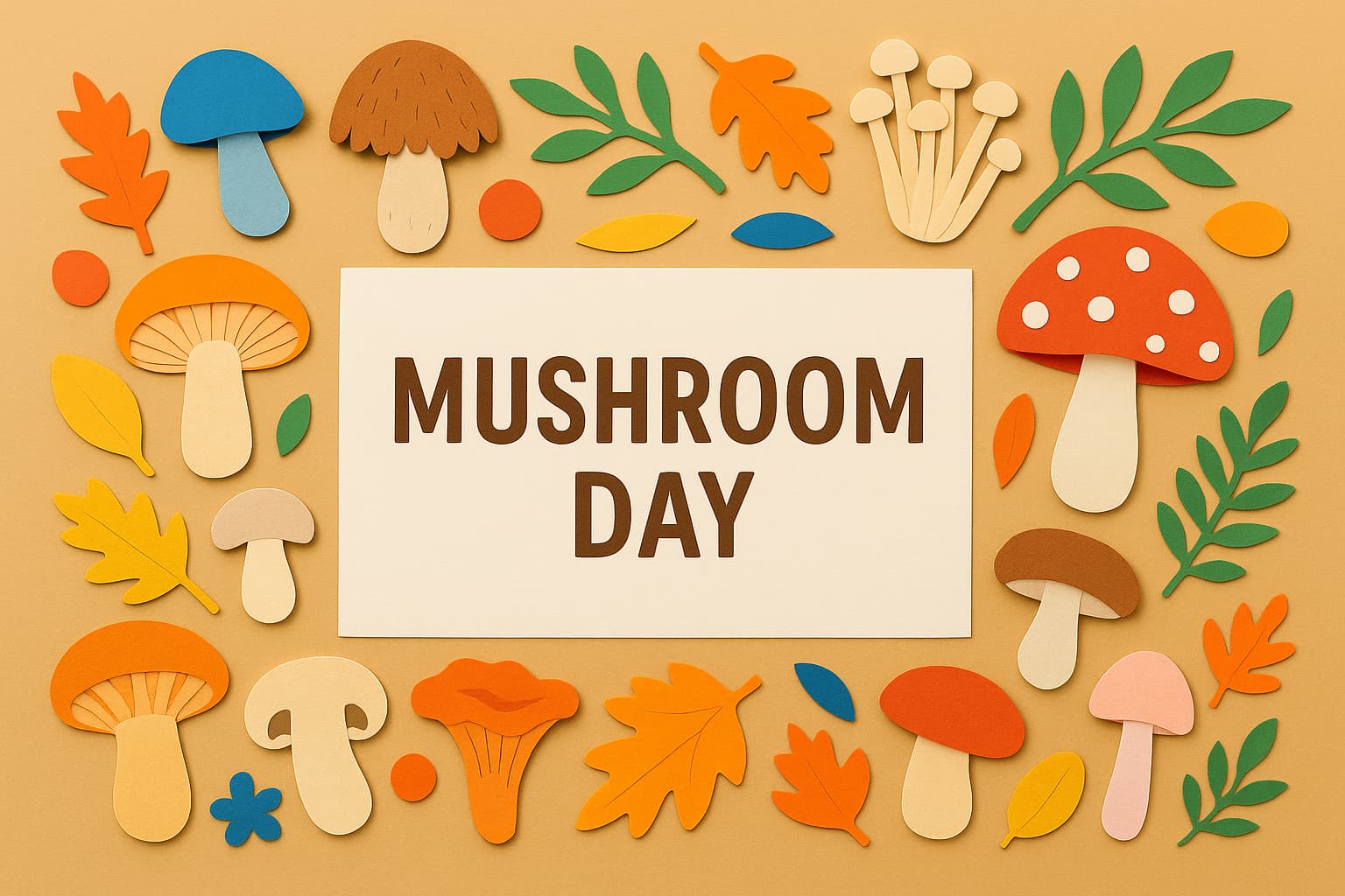 カラフルな紙のきのこが並ぶ中に「MUSHROOM DAY」の文字が描かれた秋の記念日イメージ