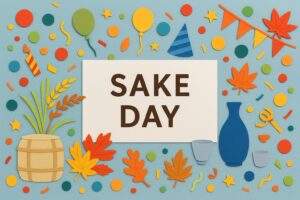 日本酒の日を祝うカラフルな紙のアートと「SAKE DAY」の文字
