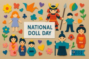 人形の日の由来や人形供養の意味を表現したカラフルなペーパーアートと日本人形をモチーフにしたイラスト