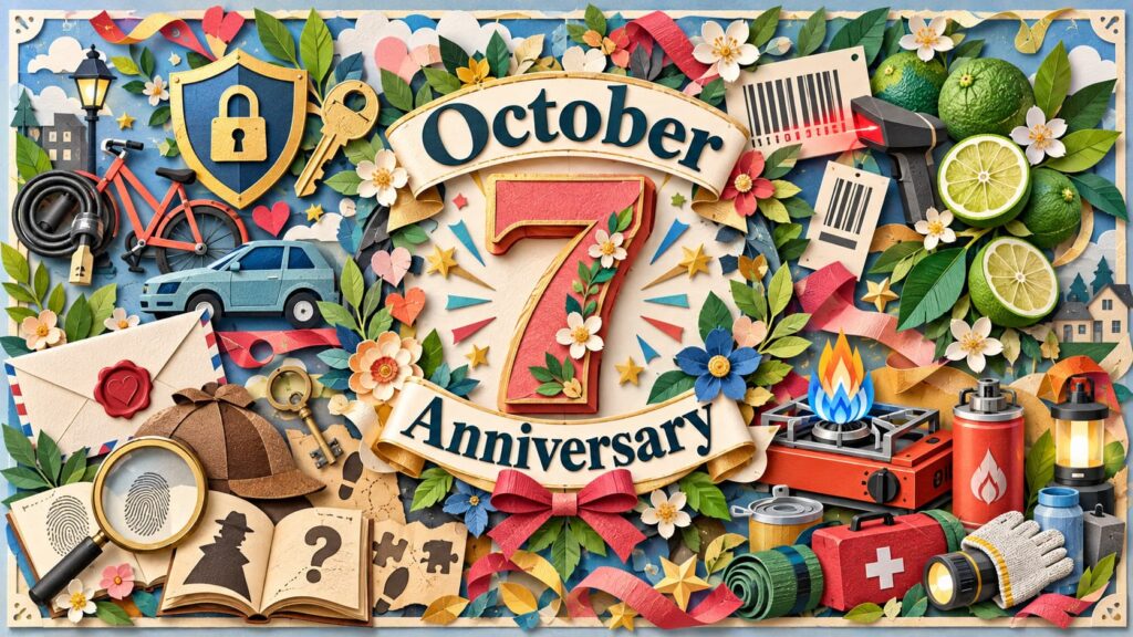 10月7日は何の日かを紹介し、盗難防止の日、ミステリー記念日、バーコードの日、宿毛の柑橘「直七」の日、カセットこんろとボンベの日の由来や意味をわかりやすくまとめた内容