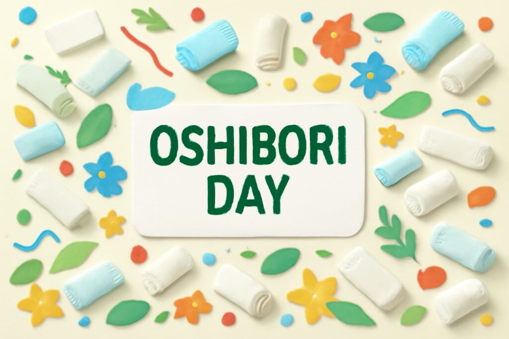 おしぼりの日の由来と重要性を紹介するブログ記事のサムネイル画像。おしぼりと花のカラフルな紙切り絵で飾られたデザイン。