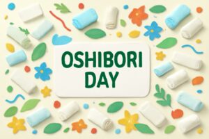おしぼりの日の由来と重要性を紹介するブログ記事のサムネイル画像。おしぼりと花のカラフルな紙切り絵で飾られたデザイン。