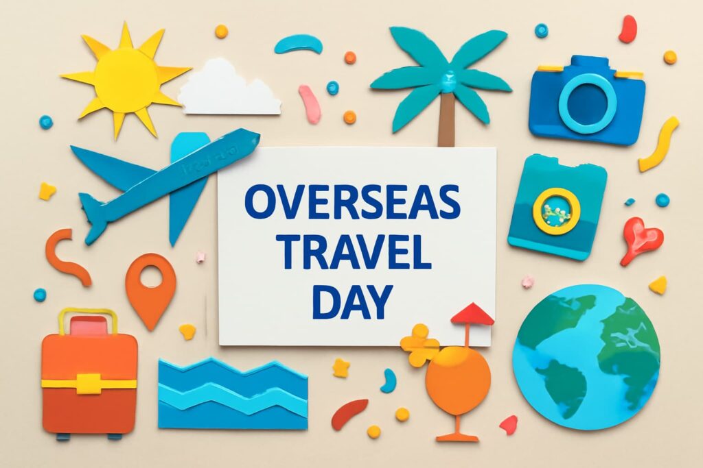 海外旅行の日(10月19日)の由来と魅力を紹介するブログ記事のサムネイル。旅行に関連するカラフルなアイコンと「OVERSEAS TRAVEL DAY」の文字。