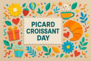 ピカールのクロワッサンの日を祝うカラフルなペーパーアートと記念日のロゴ