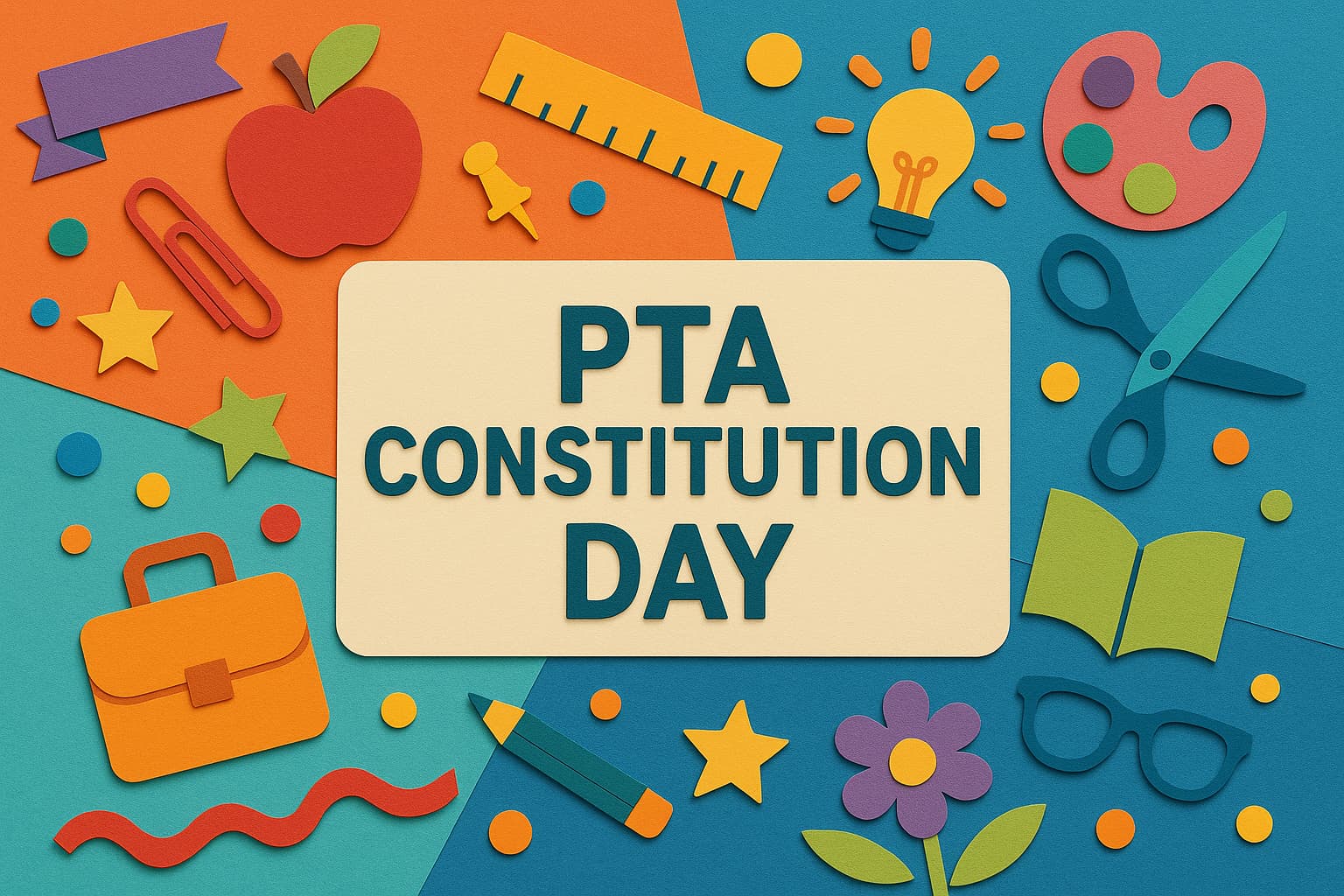 PTA結成の日に関する記念日と日本PTA全国協議会の由来を象徴するカラフルな教育アイコンの紙アート