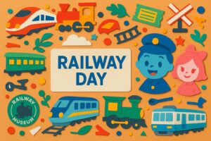 鉄道の日（10月14日）の由来や歴史、記念イベントを紹介するブログ記事用イメージ。鉄道ファンに人気の記念日をカラフルに表現。