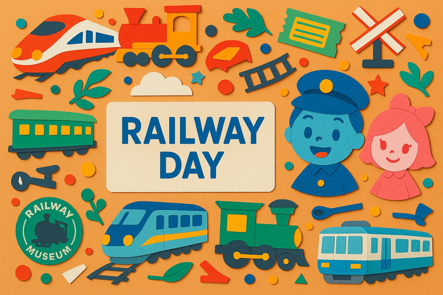 鉄道の日（10月14日）の由来や歴史、記念イベントを紹介するブログ記事用イメージ。鉄道ファンに人気の記念日をカラフルに表現。