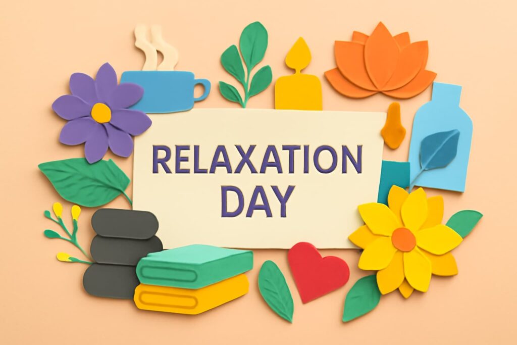 リラクゼーションの日の由来と目的を紹介する記事のサムネイル。リラックスを象徴するアイテムが色とりどりに配置されています。