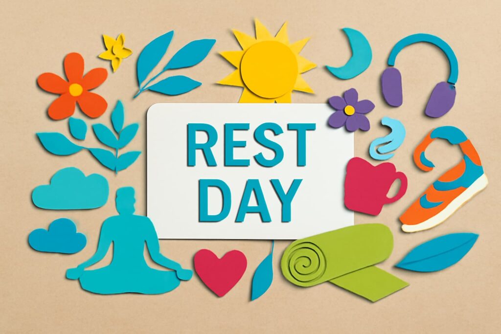 9月8日の「休養の日」を祝うための積極的休養の重要性を示したカラフルなアート作品