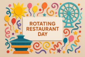 回転レストランの日に関連するカラフルな装飾と英語タイトルが描かれた記念日アート