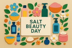 塩美容の日に関連するカラフルなアイテムが並ぶペーパーアートとSALT BEAUTY DAYの文字