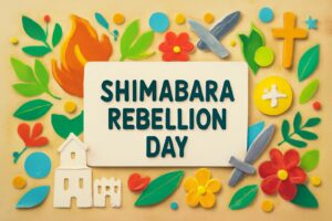 島原の乱の日（10月25日）を記念し、江戸時代の反乱とその歴史的な影響を象徴するカラフルなデザイン