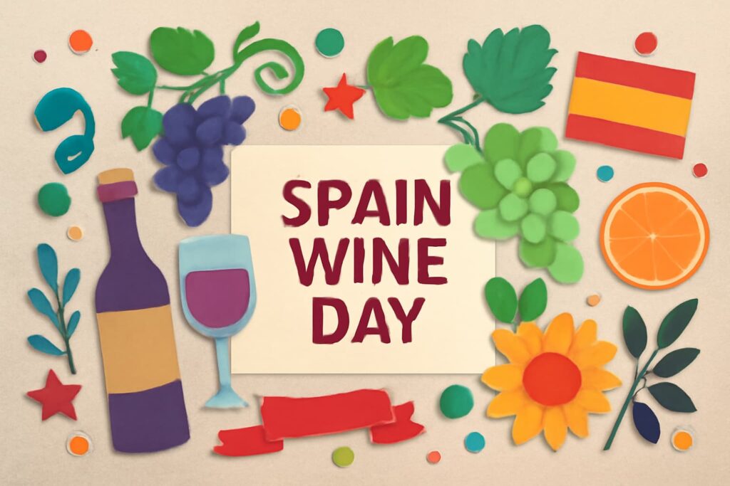 スペインワインの日の歴史と魅力を紹介するブログ記事のサムネイル。スペインのワイン文化を象徴する要素を取り入れたデザイン。