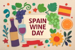 スペインワインの日の歴史と魅力を紹介するブログ記事のサムネイル。スペインのワイン文化を象徴する要素を取り入れたデザイン。