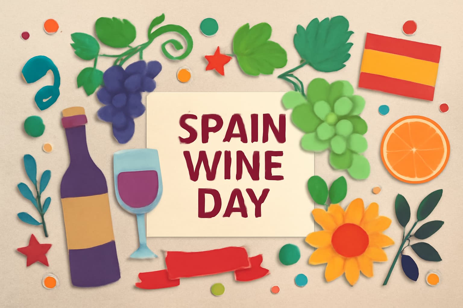 スペインワインの日の歴史と魅力を紹介するブログ記事のサムネイル。スペインのワイン文化を象徴する要素を取り入れたデザイン。