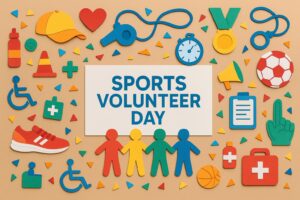 スポーツボランティアの日に関する記念日情報と感謝の気持ちを表すカラフルな紙アート構成