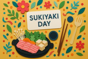 すき焼き通の日にちなんだ記念日を彩るカラフルなペーパーアートとすき焼きの具材イメージ